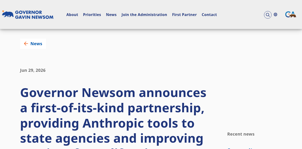 캘리포니아 주지사실 공식 발표 페이지 — Governor Newsom announces a first-of-its-kind partnership with Anthropic, 2026년 6월 29일 게시
