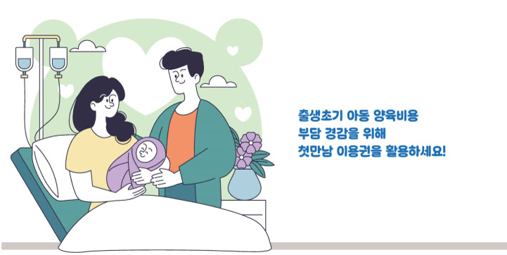 병실 침대에서 엄마가 신생아를 안고 아빠가 옆에서 지켜보는 일러스트예요. 옆에 「출생초기 아동 양육비용 부담 경감을 위해 첫만남 이용권을 활용하세요!」라는 문구가 있어요.