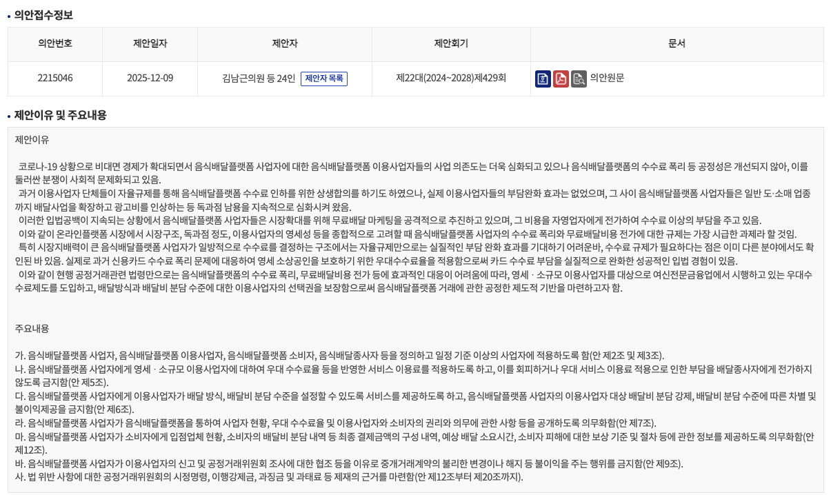 국회 의안정보시스템에서 의안번호 2215046 「음식배달플랫폼 서비스 이용료 등에 관한 법률안」을 연 화면을 캡처했어요. 의안접수정보 표에 제안일자 2025-12-09, 제안자 김남근의원 등 24인이 적혀 있고, 아래 주요내용에 영세·소규모 이용사업자 우대 수수료율, 배달비 분담 수준 선택권, 최종 결제금액 구성 내역 공개 같은 항목이 나와 있어요.
