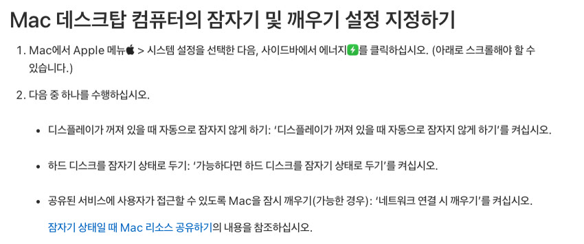 Apple Mac 사용 설명서 「Mac 데스크탑 컴퓨터의 잠자기 및 깨우기 설정 지정하기」 화면. 시스템 설정 > 에너지에서 ‘디스플레이가 꺼져 있을 때 자동으로 잠자지 않게 하기’, ‘가능하다면 하드 디스크를 잠자기 상태로 두기’, ‘네트워크 연결 시 깨우기’를 켜는 방법이 적혀 있음.