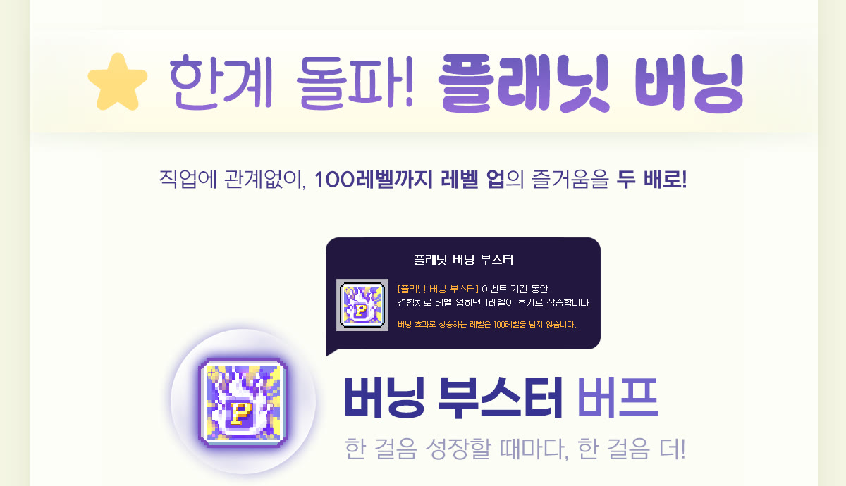 메이플플래닛 「한계 돌파! 플래닛 버닝」 이벤트 안내입니다. '직업에 관계없이, 100레벨까지 레벨 업의 즐거움을 두 배로!'라는 문구 아래에 버닝 부스터 버프 아이콘과 '한 걸음 성장할 때마다, 한 걸음 더!'라는 설명이 있습니다. 말풍선에는 '[플래닛 버닝 부스터] 이벤트 기간 동안 경험치로 레벨 업하면 1레벨이 추가로 상승합니다. 버닝 효과로 상승하는 레벨은 100레벨을 넘지 않습니다.'라고 적혀 있습니다.