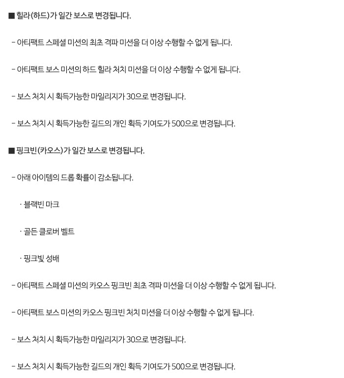 메이플스토리 1.2.416 업데이트 공지의 힐라(하드)·핑크빈(카오스) 일간 보스 변경 항목. 아티팩트 미션 수행 불가, 마일리지 30, 길드 개인 획득 기여도 500, 블랙빈 마크·골든 클로버 벨트·핑크빛 성배 드롭 확률 감소