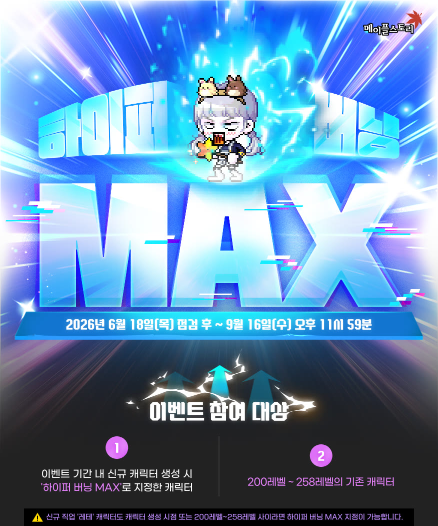 하이퍼 버닝 MAX 이벤트 안내 첫 화면. 기간은 2026년 6월 18일(목) 점검 후부터 9월 16일(수) 오후 11시 59분까지. 참여 대상은 이벤트 기간에 새로 만들어 하이퍼 버닝 MAX로 지정한 캐릭터와 200~258레벨 기존 캐릭터이며, 신규 직업 레테도 지정 가능