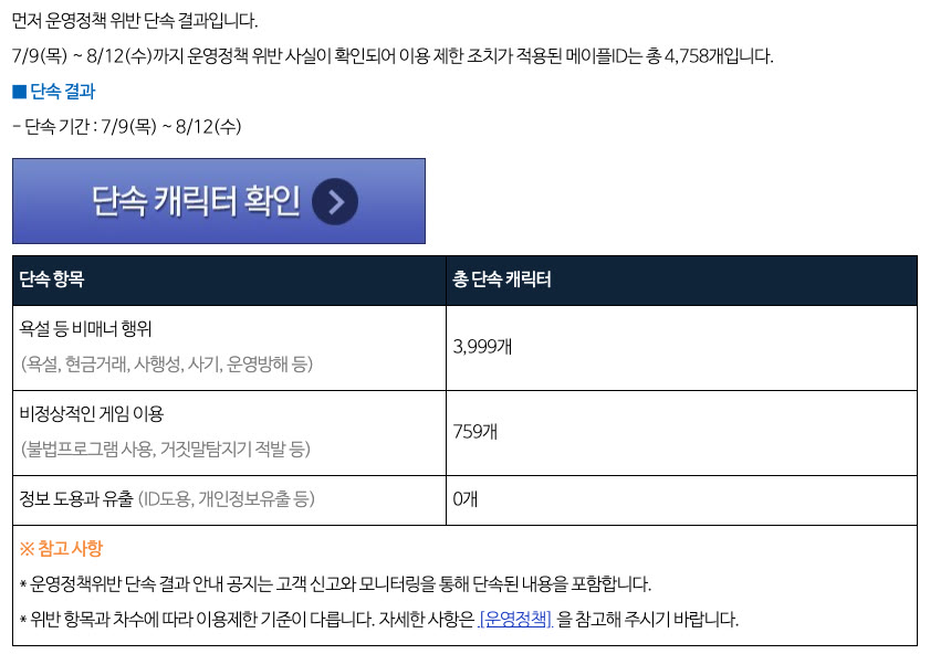 단속 결과 공지는 '메이플ID 총 0개'라는데, 같은 공지 표의 세 항목 합계는 2,258개예요 썸네일