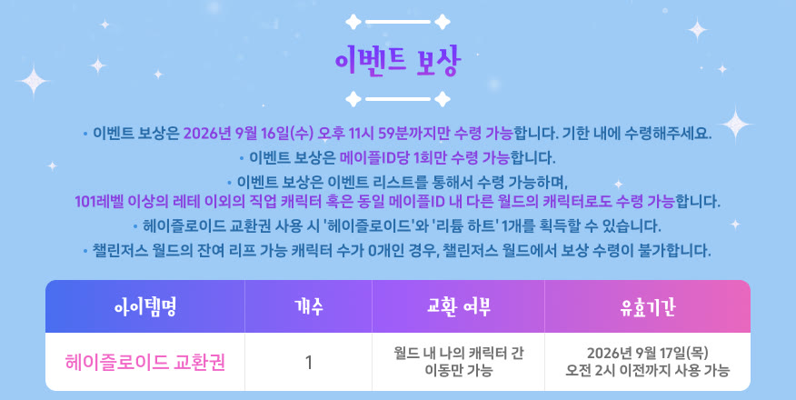 헤이즐의 부탁 이벤트 보상 안내. 보상은 메이플ID당 1회, 2026년 9월 16일(수) 오후 11시 59분까지 받을 수 있다. 헤이즐로이드 교환권 1개는 월드 내 나의 캐릭터 간에만 옮길 수 있고 2026년 9월 17일(목) 오전 2시 이전까지 써야 한다.