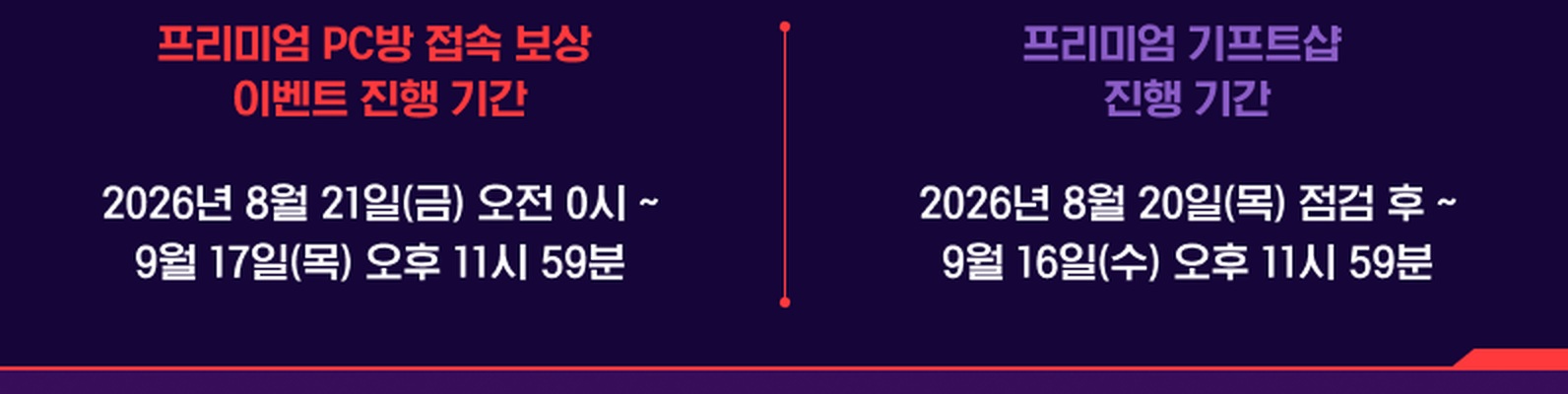 메이플스토리 공식 이벤트 1370번 본문 안내 이미지에서 두 진행 기간이 적힌 부분만 좁게 잘라 확대한 부분. 위쪽에 프리미엄 PC방 접속 보상 이벤트 진행 기간이 2026년 8월 21일(금) 오전 0시부터 9월 17일(목) 오후 11시 59분까지라고 적혀 있고, 아래쪽에 프리미엄 기프트샵 진행 기간이 2026년 8월 20일(목) 점검 후부터 9월 16일(수) 오후 11시 59분까지라고 적혀 있습니다.