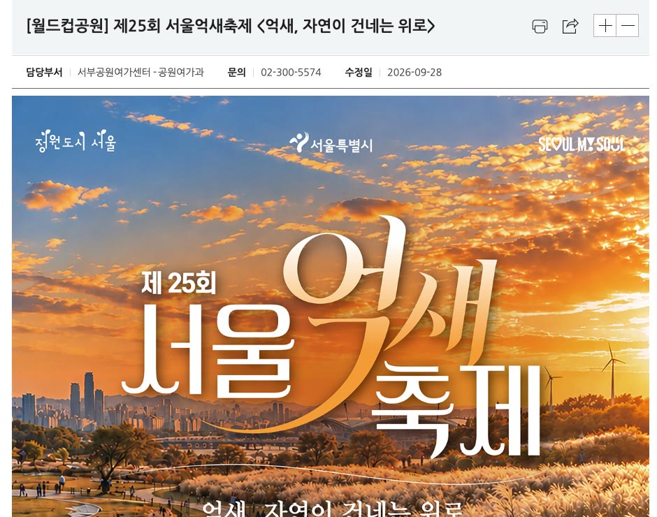 서울시 내 손안에 서울 뉴스 페이지를 캡처했어요. 제25회 서울억새축제 기사 제목과 함께 「억새, 자연이 건네는 위로」 문구가 들어간 축제 키비주얼이 보여요.