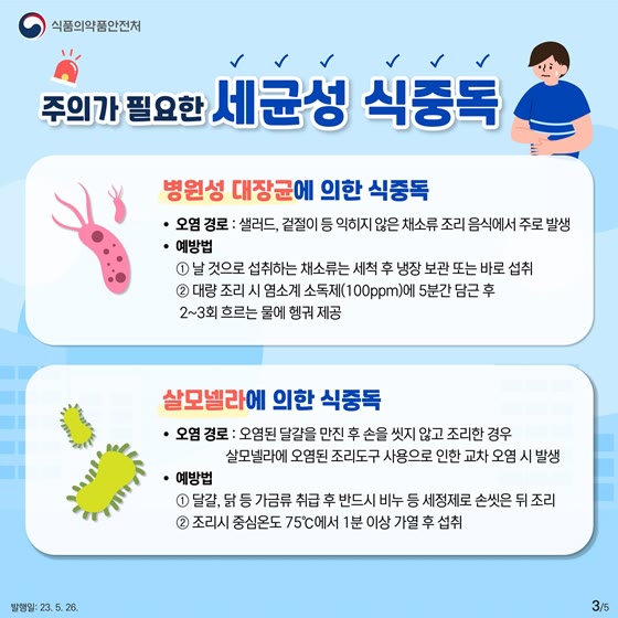 식품의약품안전처 카드뉴스의 병원성 대장균·살모넬라 식중독 오염 경로와 예방법, 중심온도 75℃에서 1분 이상 가열