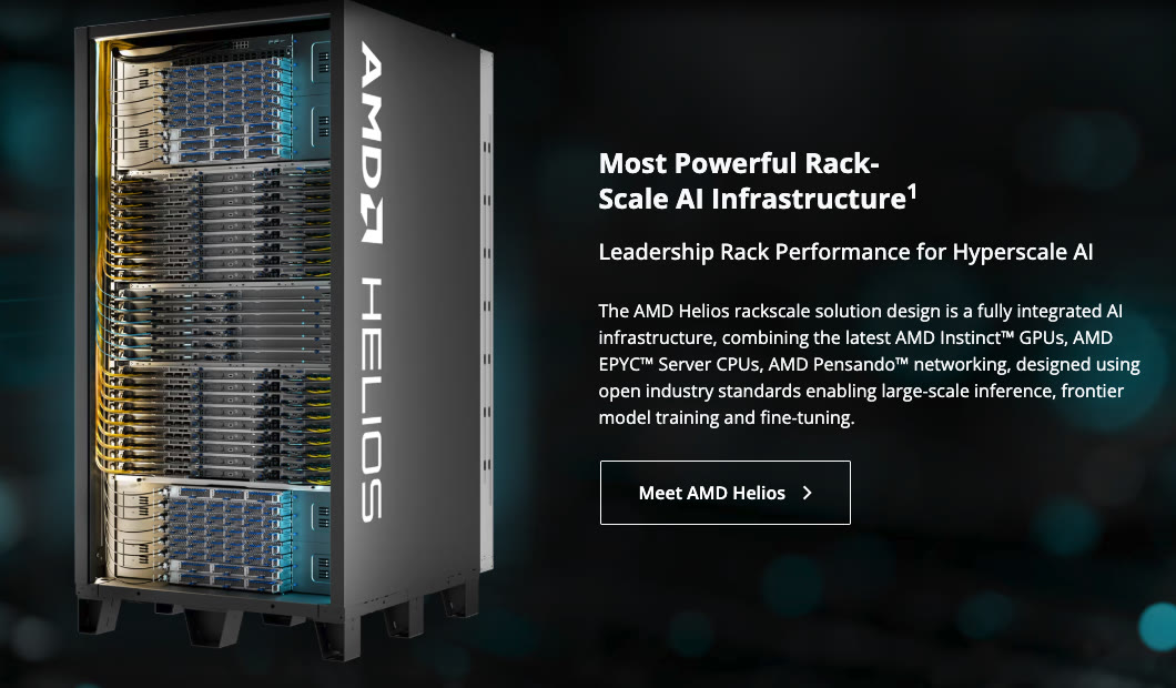 AMD Helios 랙 단위 AI 시스템 제품 사진과 소개 문구