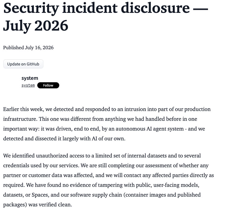 허깅페이스 공식 블로그의 2026년 7월 보안 사고 공개 글 첫 부분